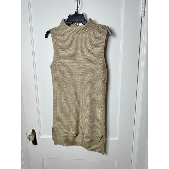 Tribal Chunky Knit Mock Neck Sleeveless Tank Tan Long Tunic Sweater Small Chic - Picture 1 of 7
